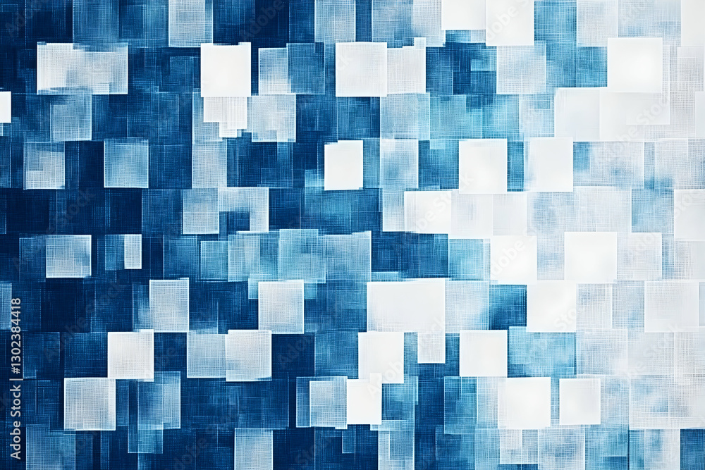 Poster serene abstract background featuring a dynamic arrangement of blue and white squares, creating a cal