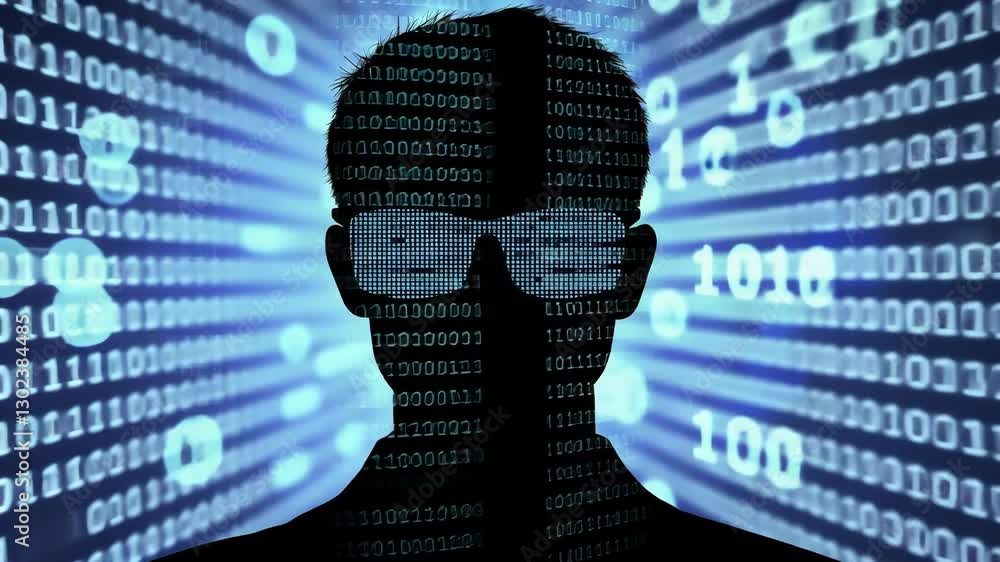 Aufkleber silhouette of person wearing glasses surrounded by binary code digital technology and cybersecurity 