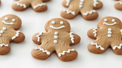 Festive gingerbread cookies shaped like little men, decorated with white icing and colorful beads, perfect for holidays and celebrations.