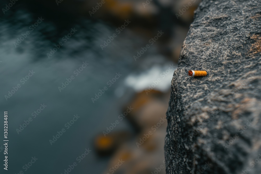 Poster Close-Up Shot of an Unlit Cigarette Balanced on the Edge of Rough Concrete with a Soft Background of Water, Captured with a Macro Lens