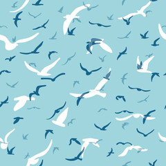 Flock of flying silhouette birds. Birds seamless pattern. White seagulls on a blue background. Vector