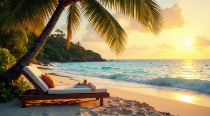 Fototapeta premium Serene Sunset Beach Scene Relaxing on a Chaise Lounge Under Palm Tree Shade, with a Refreshing Drink and Book Nearby