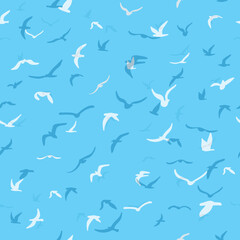 Flock of flying silhouette birds. Birds seamless pattern. White seagulls on a blue background. Vector