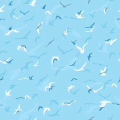Flock of flying silhouette birds. Birds seamless pattern. White seagulls on a blue background. Vector