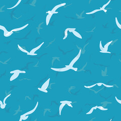 Flock of flying silhouette birds. Birds seamless pattern. White seagulls on a blue background. Vector
