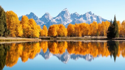 Fototapeta premium A serene landscape featuring vibrant autumn trees reflecting on a calm lake, with majestic mountains in the background under a clear blue sky.