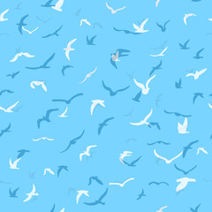 Flock of flying silhouette birds. Birds seamless pattern. White seagulls on a blue background. Vector i