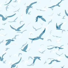 Flock of flying silhouette birds. Birds seamless pattern. White seagulls on a blue background. Vector i