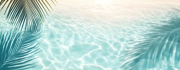 Serene turquoise water surface with sunlight reflecting through, creating mesmerizing patterns alongside silhouette of palm leaves providing a tropical oasis feel