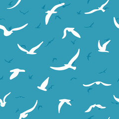 Flock of flying silhouette birds. Birds seamless pattern. White seagulls on a blue background. Vector i