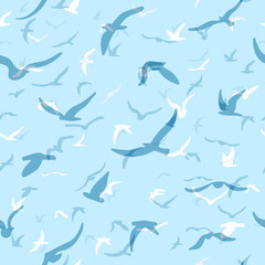 Flock of flying silhouette birds. Birds seamless pattern. White seagulls on a blue background. Vector i