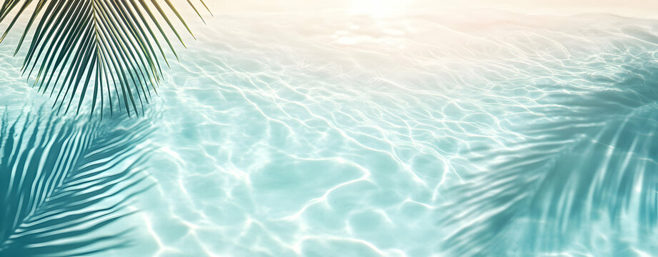 Serene turquoise water surface with sunlight reflecting through, creating mesmerizing patterns alongside silhouette of palm leaves providing a tropical oasis feel