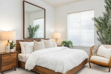 Modern bedroom with wooden bed, large mirror, and natural light.
