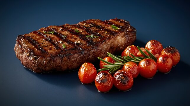 A beautifully grilled steak accompanied by roasted tomatoes and fresh herbs, presented on a dark background, highlighting its rich textures and flavors.