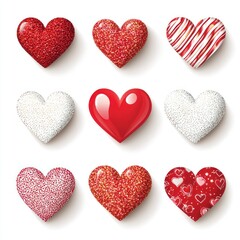 A collection of Valentine's Day-themed hearts in various styles, including glittery, patterned, and glowing. isolated on white background.