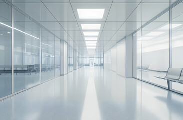 Sleek and Modern Interior Architecture, A Pristine Hospital Corridor Design with Glass Walls and Polished Floors, Reflecting Cleanliness and Cutting-Edge Technology
