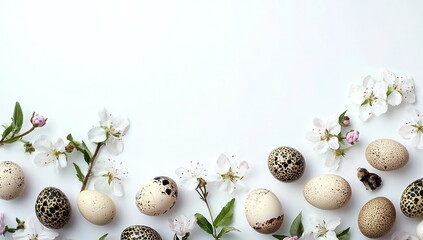 Obraz premium Spring arrangement of quail eggs and fresh flowers, set on a pristine white surface with space for text.