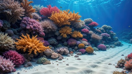 Obraz premium Vibrant Underwater Coral Reef with Sunlight Streaming Through the Ocean Surface