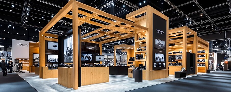 Camera equipment is exhibited at a modern professional trade show