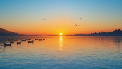 Tranquil Sunset Over a Lake with Silhouetted Ducks Swimming Under a Colorful Sky
