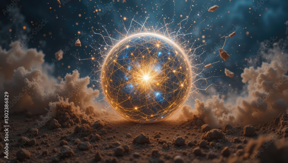 Wall mural cosmic sphere exploding with particles and light above a cloudy surface in a dark universe