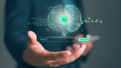 Businessman holding brain AI virtual screen .concept Artificial Intelligence technology on hand. Global Internet, Ai brain connect robot chat with digital chatbot.