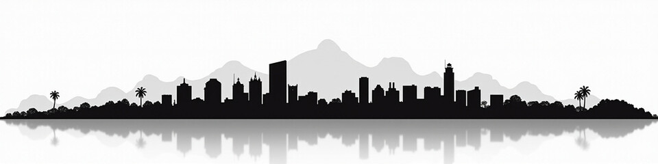 Naklejka premium Stylized black and white skyline silhouette with mountains and palm trees