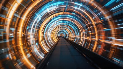 Dynamic Abstract Tunnel with Blue and Orange Light Trails Creating a Sense of Motion