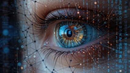 Fototapeta premium Close-Up of an Eye with Digital Data and Abstract Technology Patterns Representing Vision