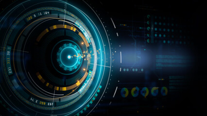 Futuristic Technology Data Interface with HUD Elements, Digital Display, High-Tech Dashboard Visualization, Cyber Data Analysis, and Innovative Information Flow