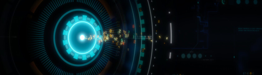 Futuristic Technology Data Interface with Digital Code Streams, High-Tech HUD Elements, Cyber Data Visualization, and Advanced Coding Patterns for Innovative Software and System Development