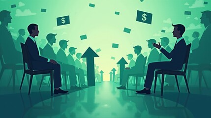 A stock illustration conveying Political debate in teal and dark green, blending gradients, dollar signs, and rising arrows. Textured overlays enhance spatial complexity.