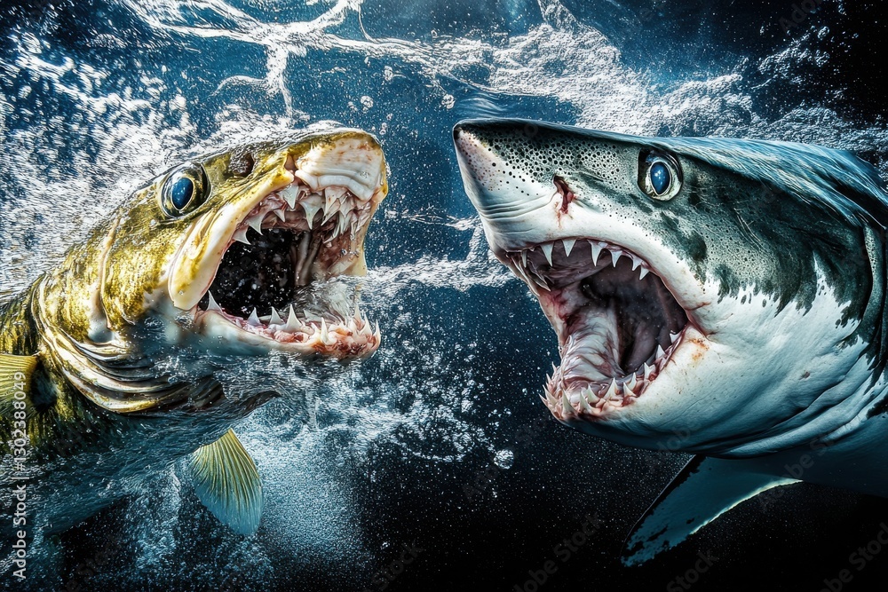 Poster dynamic underwater shot of a shark attacking a fish with splashing water captured in high resolution
