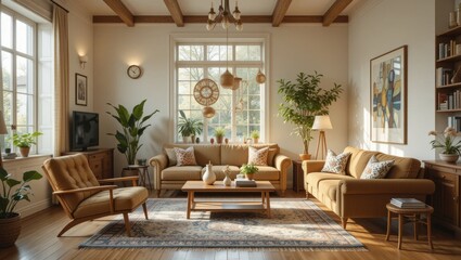 Cozy Living Room with Natural Light and Stylish Furniture Surrounded by Indoor Plants