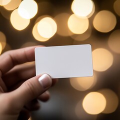 Obraz premium Woman's hand holding a blank white card against a bokeh background.