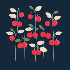 Obraz premium A flat 2D vector of a set of cherries with stems and leaves.