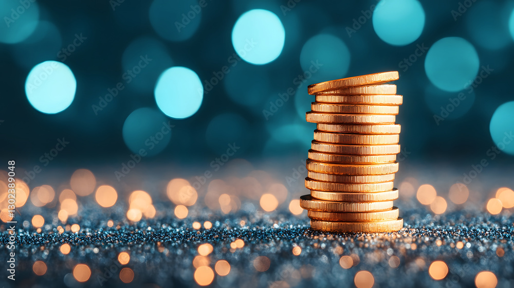 Aufkleber Stack of golden coins on a sparkling surface with a blue bokeh background