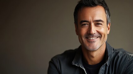 Fototapeta premium A man, radiating confidence and charisma, beams at the camera from behind a neutral backdrop, his expression inviting and captivating, a testament to his natural charm and inner strength.