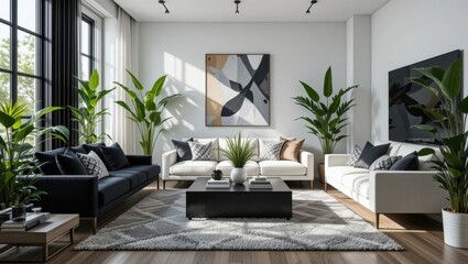 Bright and Spacious Modern Living Room with Comfortable Furniture and Indoor Plants in a Well-Lit Space