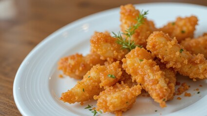 Crispy Fried Shrimp Garnished With Fresh Herbs Served on a White Plate at a Restaurant
