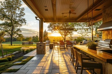 High Definition View of Luxury Home Exterior at Sunset with Outdoor Patio and Kitchen Area