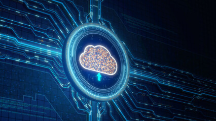 Futuristic cloud computing concept with digital circuits and glowing elements, representing data storage and technology advancement.