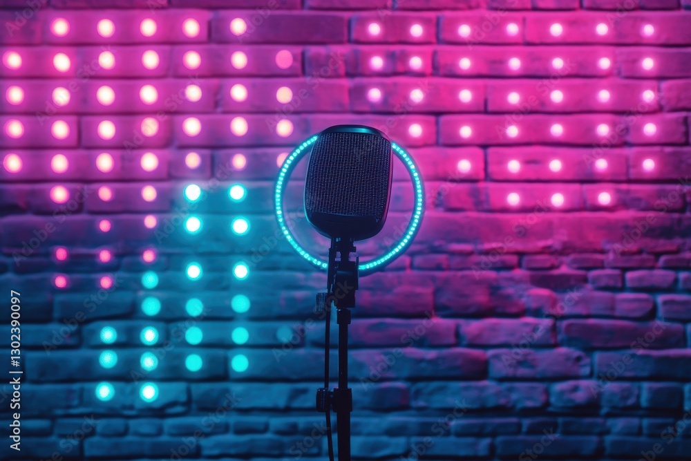 Aufkleber colorful led backdrop with microphone ring light in a dutch streaming setup captured from an angle f