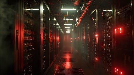 "Long Narrow Hallway with Reflective Floor and Ceiling Lights &ndash; Data Center with Server Racks and Vanishing Point Effect"