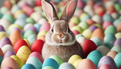 Easter bunny with colorful eggs arranged for a clean advertising layout.