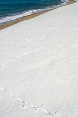 冬の砂浜に積もった雪と鳥の足跡