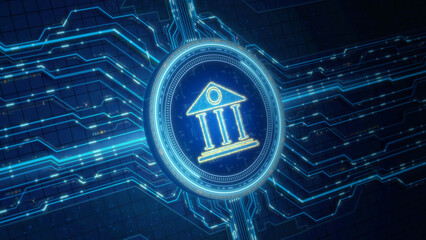 Illuminated Digital Banking Hub: A Visualization of Modern Finance and Business Management with Futuristic Blue Circuit Design