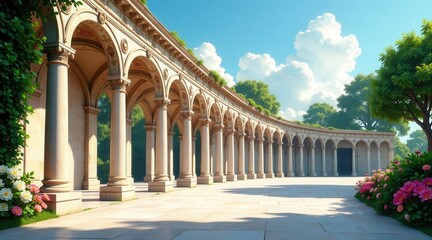 Obraz premium Serene Colonnade A Sun-Drenched Pathway Through a Picturesque Garden with Lush Greenery and Blossoming Flowers