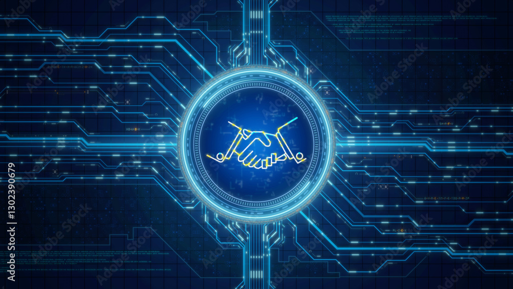 Poster digital handshake symbolizing business partnerships and networking in a futuristic blue circuit desi