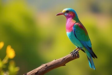 Fototapeta premium Vibrant feathered creature perched on a branch, showcasing iridescent plumage in a sunlit natural setting